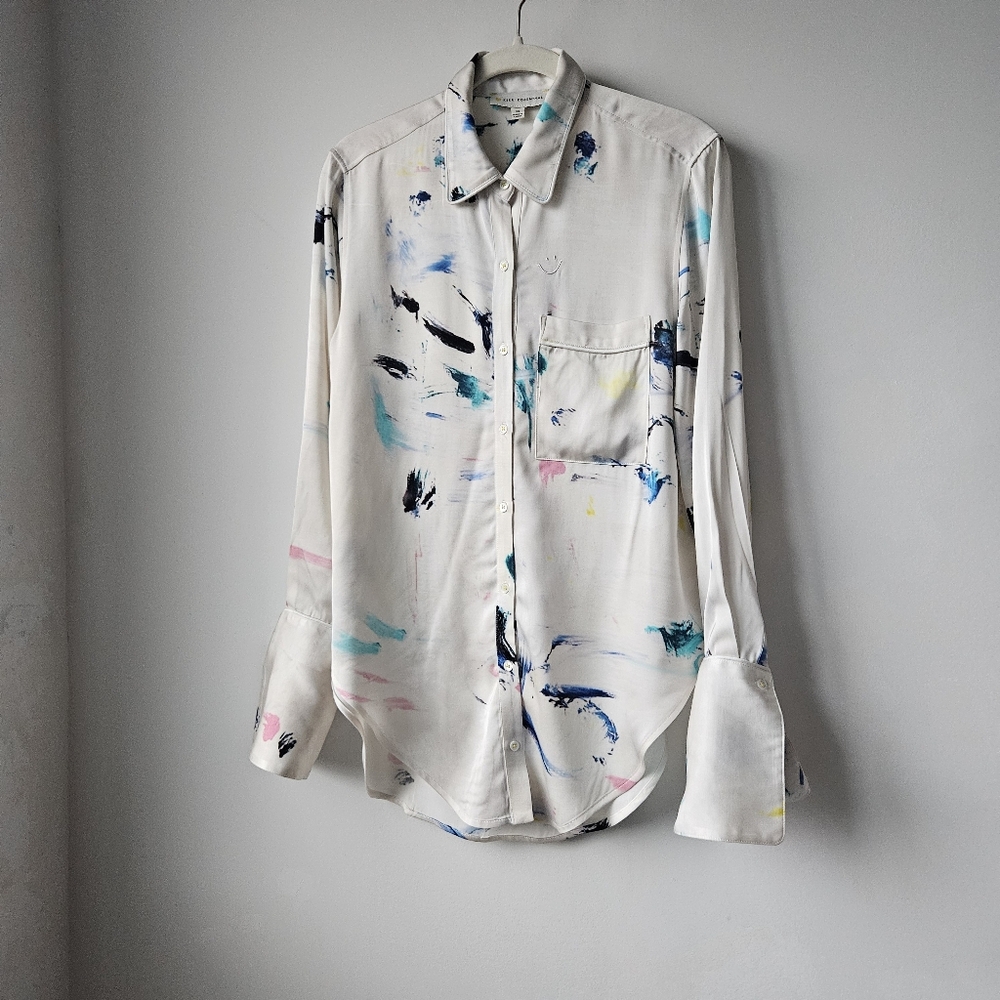Kerri Rosenthal Silver White Paint Splatter Long Cuff Sleeve Button Down Blouse - Picture 2 of 14
